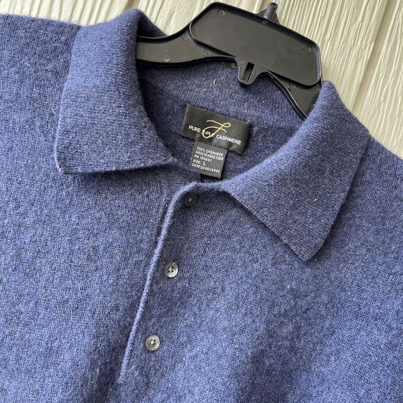 VTG Mens 100% Cashmere Polo Sweater L Hong Kong Blue Soft 2-Ply Knit - Picture 3 of 6